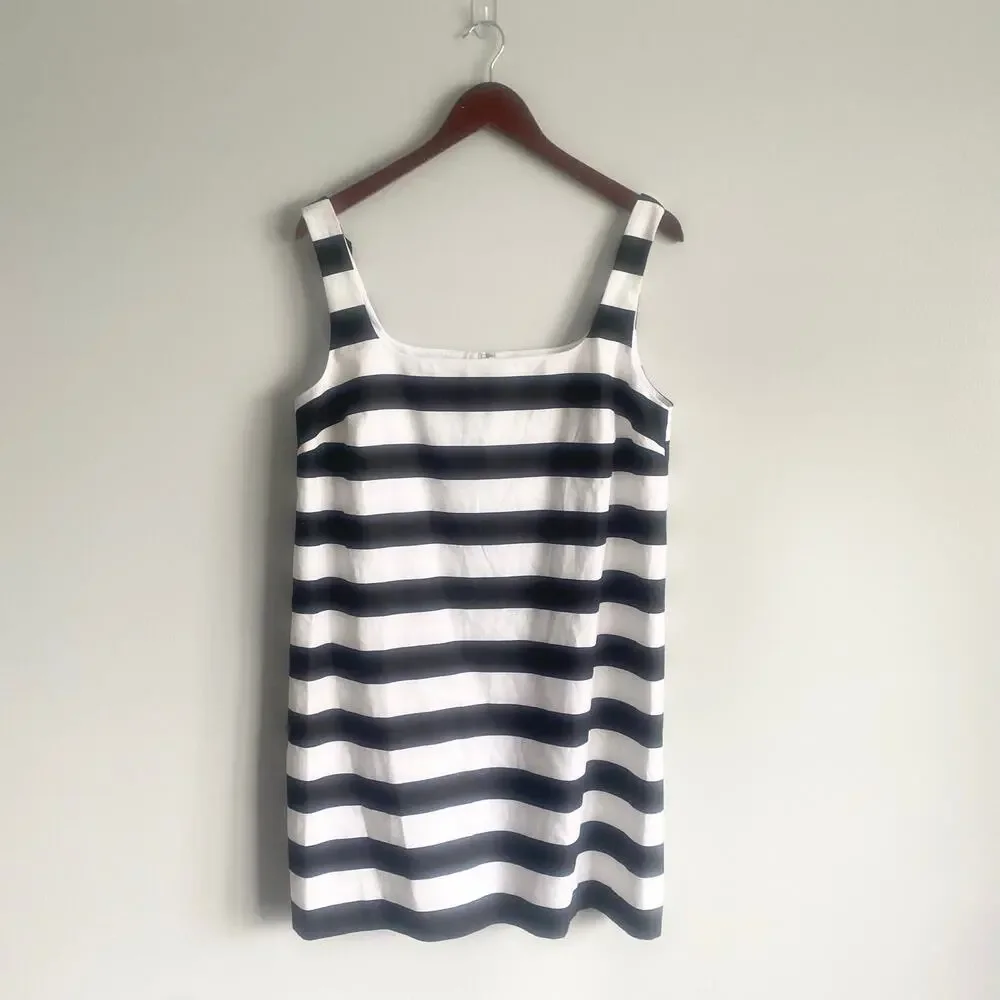 NWT Ann Taylor Square Neck Sleeveless Shift Dress Black White Linen Mini Size 10